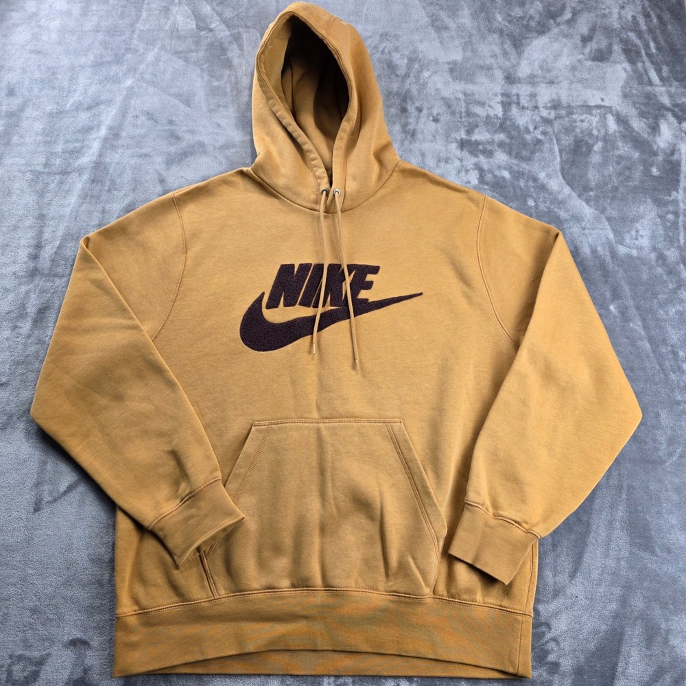 Nike Hoodie Mens XL Yellow Tan Chenille Logo Pullover Fleece Sweatshirt